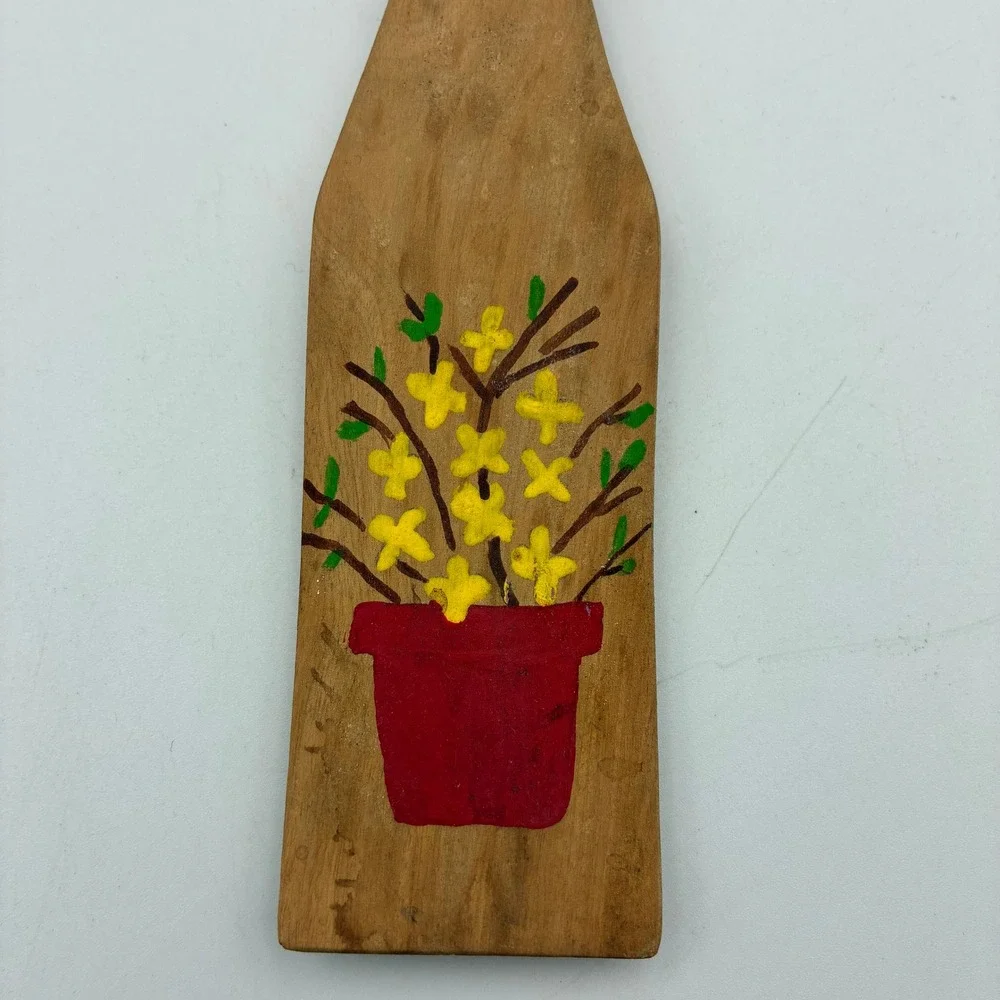Vintage 1976 Hand Painted Wooden Spoon Spatula Set Folk Art Floral 3pc Decor‎